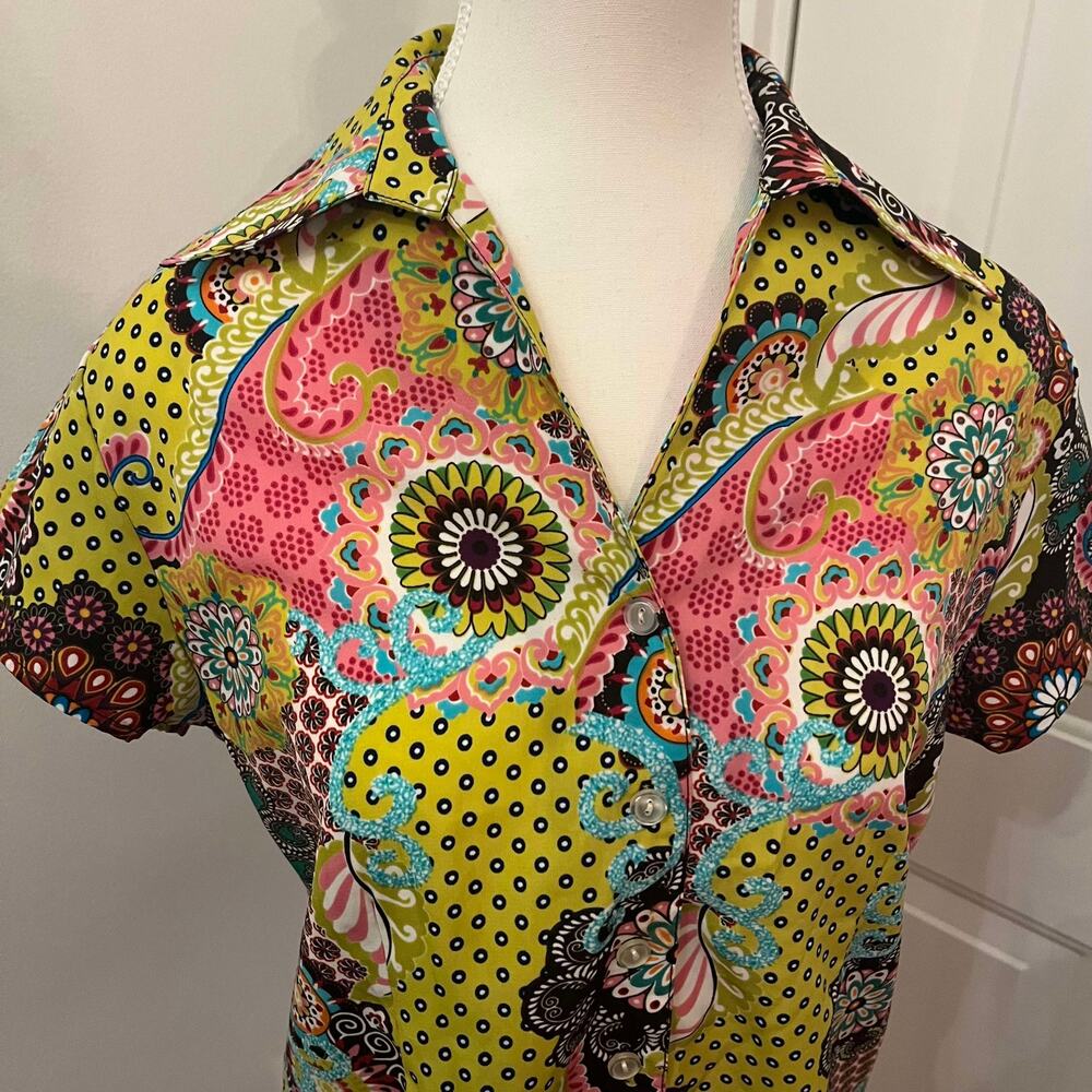 Vintage 90's Green 70's Patterned Button Down Short Sleeve Blouse Apparenza Sz S
